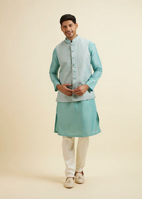 alt message - Manyavar Men Aqua Green Kurta Jacket Set with Exquisite Hand Embroidery and Cutdana Work image number 4